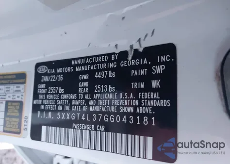 2016 Kia Optima Lx z USA, uszkodzony, nr VIN 5XXGT4L37GG043181